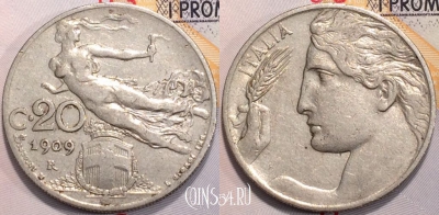 Италия 20 чентезимо 1909 года, KM 44, 124-002