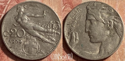 Италия 20 чентезимо 1909 года, KM# 44, 134p-070 ♛