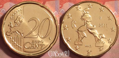 Италия 20 евроцентов 2011 года, KM# 248, UNC, 122k-110