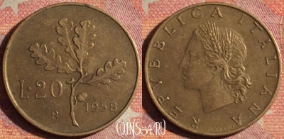 Италия 20 лир 1958 года, KM# 97, 168i-080