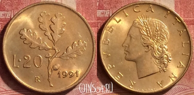 Италия 20 лир 1991 года, KM# 97, 259l-120