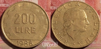 Италия 200 лир 1988 года, KM# 105, 216-012