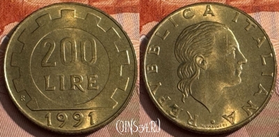 Италия 200 лир 1991 года, KM# 105, 168s-062