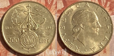 Италия 200 лир 1997 года, KM# 186, 487р-130 ♛