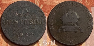 Ломбардия-Венеция 3 чентезимо 1822 года M, 461q-089 ♛