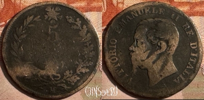 Италия 5 чентезимо 1861-1867 года M, KM# 3, 249s-055