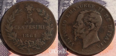 Италия 5 чентезимо 1861 года, (B) Болонья, KM# 3.1, a081-111