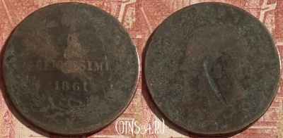 Италия 5 чентезимо 1861 года M, KM# 3, 284p-051 ♛