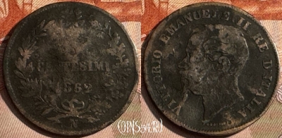 Италия 5 чентезимо 1862 N, гнутая, KM# 3, 249s-095
