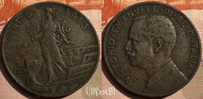 Италия 5 чентезимо 1913 года, редкая, KM# 42, 338s-067