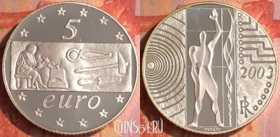 Италия 5 евро 2003 года Ag, KM# 253, PROOF, 500o-045