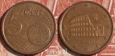 Италия 5 евроцентов 2007 года, KM# 212, 191r-140