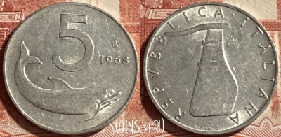 Италия 5 лир 1968 года, KM# 92, 492р-053