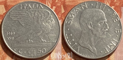 Италия 50 чентезимо 1939 года, KM# 76a, 461q-031 ♛