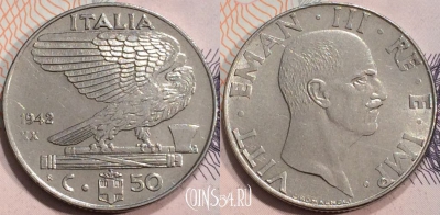 Италия 50 чентезимо 1942 года, KM# 76b, 130-067