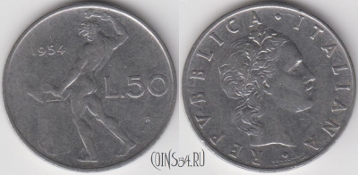 Италия 50 лир 1954 года, KM# 95.1,
