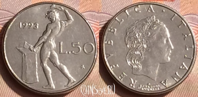 Италия 50 лир 1993 года, KM# 95.2, 447-052
