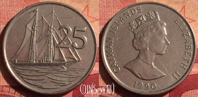 Каймановы острова 25 центов 1990 года, KM# 90a, 224i-027
