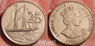 Каймановы острова 25 центов 1992 года, KM# 90a, 257l-053