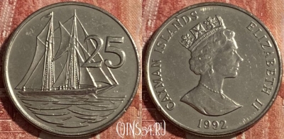 Каймановы острова 25 центов 1992 года, KM# 90a, 475r-098 ♛