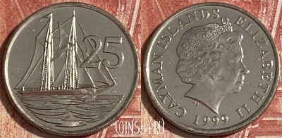 Каймановы острова 25 центов 1999 года, KM# 134, 201r-022