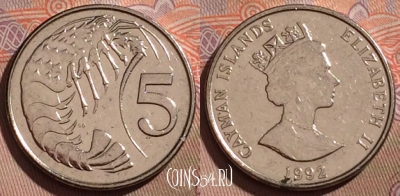Каймановы острова 5 центов 1992 года, KM# 88a, 205b-034