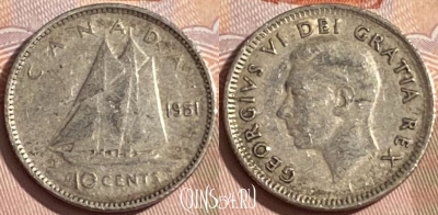 Канада 10 центов 1951 года Ag, KM# 43, 177r-094 ♛