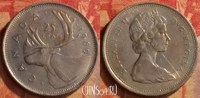 Канада 25 центов 1969 года, KM# 62b, 163o-135