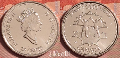 Канада 25 центов 2000 года, KM# 374, UNC, 182k-027