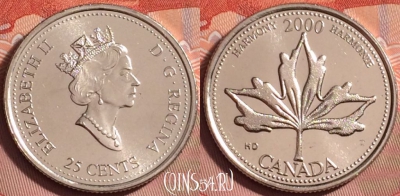 Канада 25 центов 2000 года, KM# 377, UNC, 182k-029