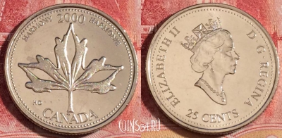Канада 25 центов 2000 года, KM# 377, UNC, 262-140