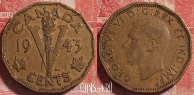 Канада 5 центов 1943 года, Король Георг VI, KM# 40, 256-054