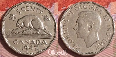Канада 5 центов 1947 года, KM# 39a, 166b-110