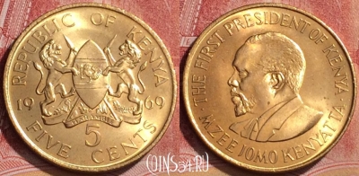 Кения 5 центов 1969 года, KM# 10, UNC, 165l-026