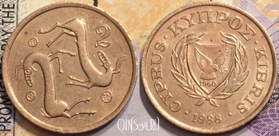 Кипр 2 цента 1988 года, KM# 54.2, 148-083