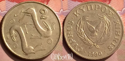Кипр 2 цента 1990 года, KM# 54.2, 416-026