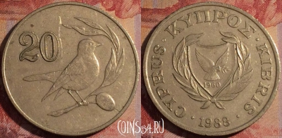 Кипр 20 центов 1988 года, KM# 57.2, 168a-144