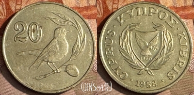 Кипр 20 центов 1988 года, KM# 57.2, s195t-022