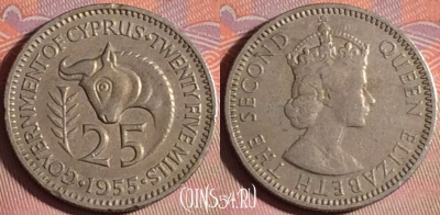 Кипр 25 милс 1955 года, KM# 35, 153j-102