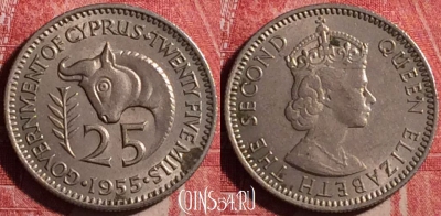 Кипр 25 милс 1955 года, KM# 35, 187j-074