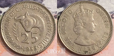Кипр 25 милс 1955 года, KM# 34, a088-065