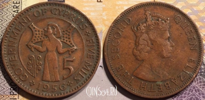 Кипр 5 милей 1956 года, KM# 34, 142-136