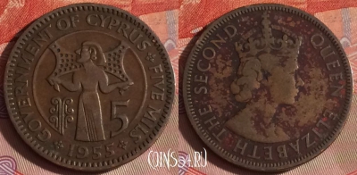 Кипр 5 милс 1955 года, KM# 34, 067f-029