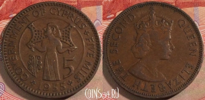 Кипр 5 милс 1955 года, KM# 34, 132a-060