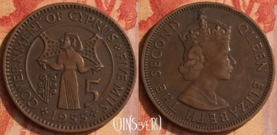 Кипр 5 милс 1955 года, KM# 34, 171o-114