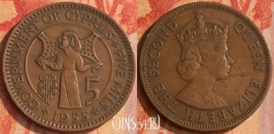 Кипр 5 милс 1955 года, KM# 34, 174o-139