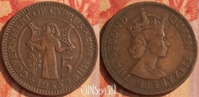 Кипр 5 милс 1955 года, KM# 34, 174o-144