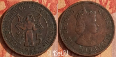Кипр 5 милс 1955 года, KM# 34, 175o-005