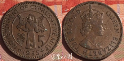 Кипр 5 милс 1955 года, KM# 34, 195a-011