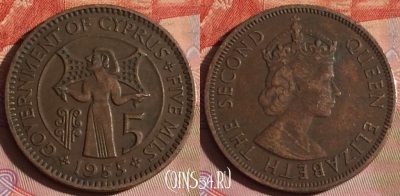 Кипр 5 милс 1955 года, KM# 34, 335-074